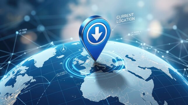 A digital globe displays a location pin with an arrow, indicating the current location.