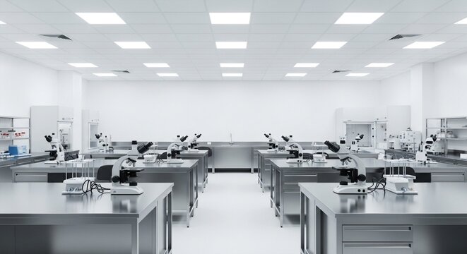 Modern and sterile laboratory with multiple microscopes on stainless steel benches under bright fluorescent lights