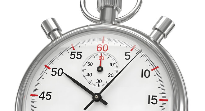 A close-up of a silver stopwatch on a white background showing sixty seconds