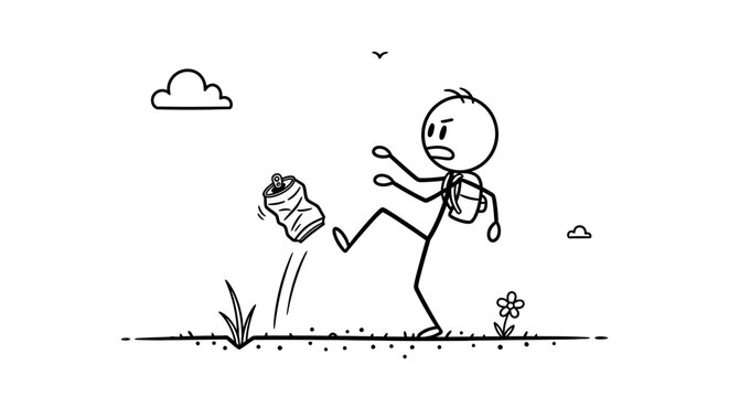 Man Kicking Trash Can Away Outdoors.