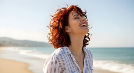 Obraz premium Beautiful Red-Haired Woman Laughing Joyfully With Her Head Thrown Back on a Sunny Beach