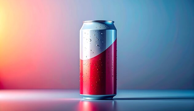 A red and white soda can with water droplets on a colorful background