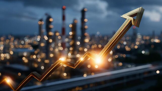 Upward 3D arrow over a busy oil refinery, smokestacks and pipelines in the background, golden hour lighting, realistic textures emphasizing rising oil prices