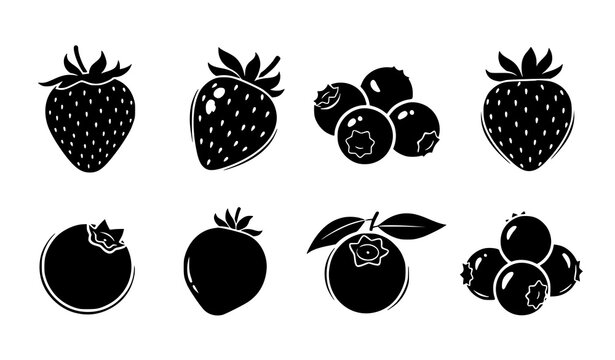 Strawberries and blueberries silhouette and line art vector set minimalist fruit icon collection isolated on white background