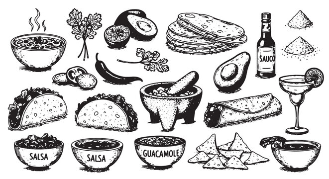 Vintage Mexican food vector set, hand drawn tacos and guacamole illustrations, black and white sketch of salsa and nachos for restaurant menu design