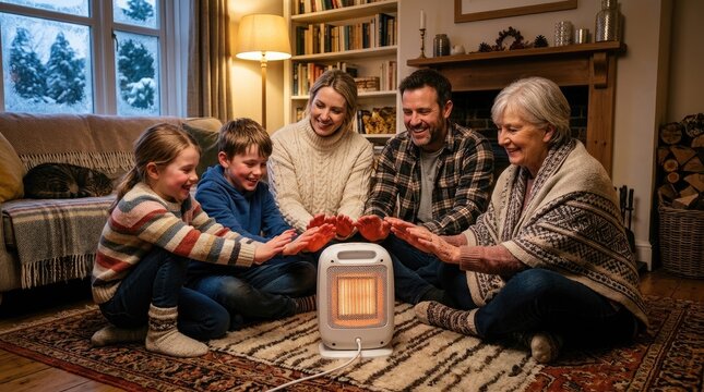 A multigenerational family gathers around a small, white space heater on a richly patterned rug in a warmly lit living room.