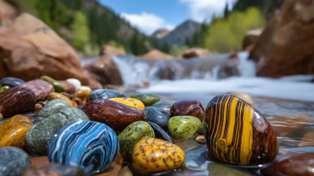 4Close-up composition of smooth polished stones scattered along a sunny mountain creek bank, each stone featuring unique geological stripes, marbling, and speckled mineral formation