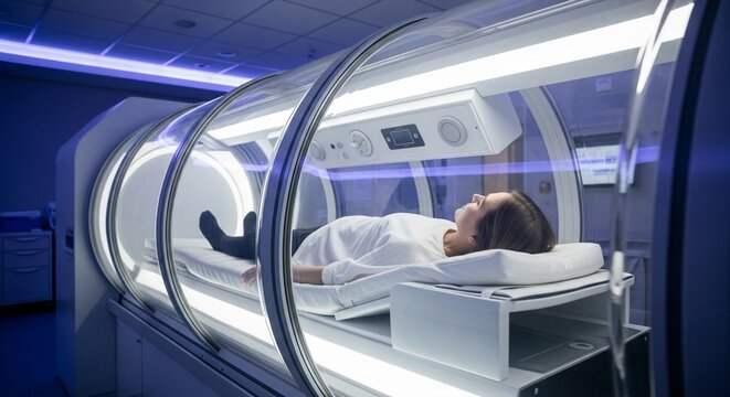 Woman lying in hyperbaric oxygen therapy chamber for medical treatment