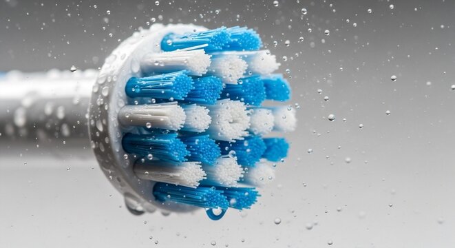 Close up of electric toothbrush head with water droplets