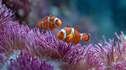 Obraz premium Little clownfish swim and play on colorful coral reefs with sea anemones.