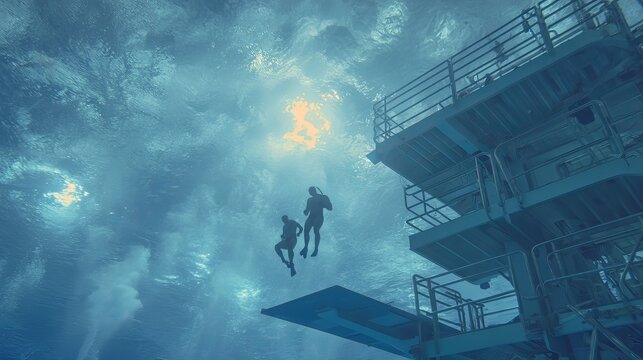 Divers jump from a high board into water.