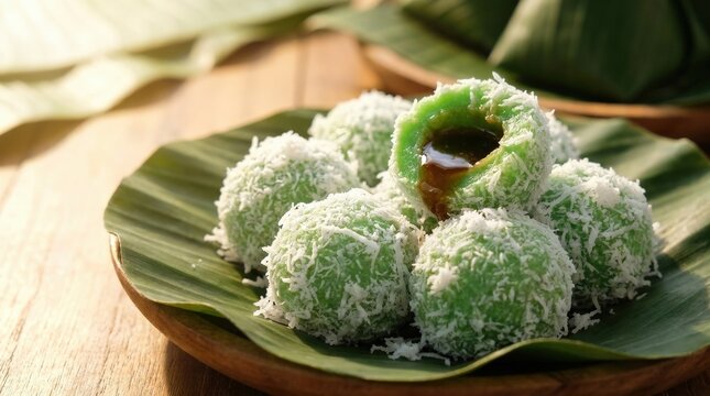 Close up of vibrant Indonesian traditional onde ondeh, a sweet delicacy