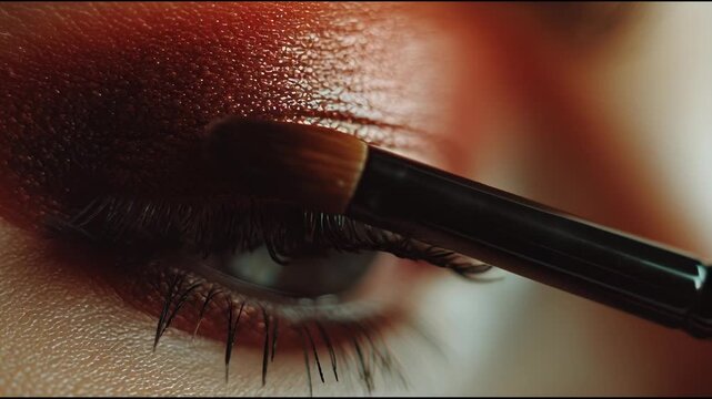 Close-up of an eye with a brush applying eyeshadow, showcasing beauty and makeup application.