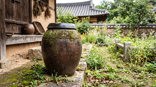 Korean Onggi Fermentation Jar with Moss Patina and Earthenware Texture