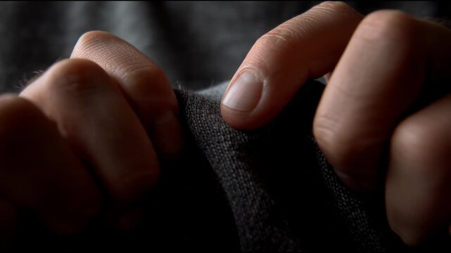 Close-up of hands nervously gripping and pulling on dark fabric, expressing anxiety and stress.