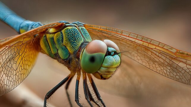 Dragonfly's detailed eyes and wings shine in a close-up nature photo. It's perfect for backgrounds or article ideas.