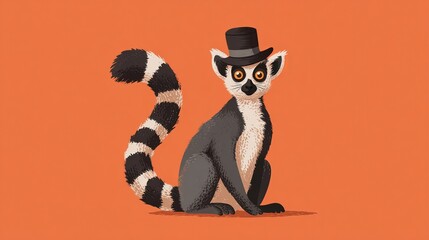 Fototapeta premium Clever lemur with a hat, a funny, bold face, sits as a modern jungle animal avatar. Tropical creature, with a happy look, is shown in a flat drawing.