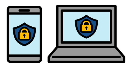 スマホとパソコンのセキュリティ対策アイコン データ保護と情報セキュリティのイメージ素材　Smartphone and Laptop Security Icon Data Protection Cyber Security Concept  © ochikosan