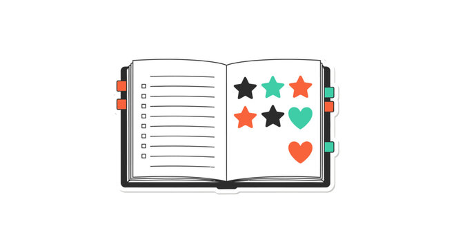 Open notebook with colorful star stickers.