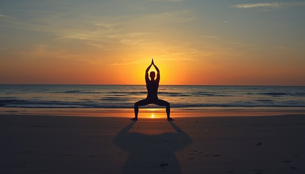 Wide-angle shot of a peaceful beach at dawn, a person in warrior pose silhouetted against a radiant sunrise horizon.
