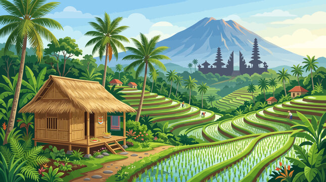 Flat vector illustration of a Bali village with rice terraces, tropical houses, and mountain landscape, showcasing Indonesian culture, nature, and peaceful rural scenery.