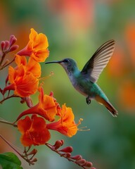 Obraz premium A vibrant hummingbird hovers near bright orange flowers, capturing a moment of delicate interaction in a lush, colorful natural setting.