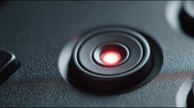 Finger pressing a red glowing power button on a device.