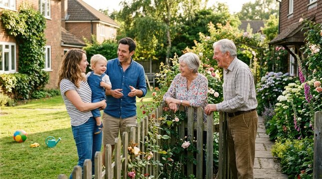 A multigenerational family enjoys a pleasant conversation in a lush garden. A young man, a father, holds his toddler, while his wife and an elderly woman, a grandmother, stand beside a wooden fence.