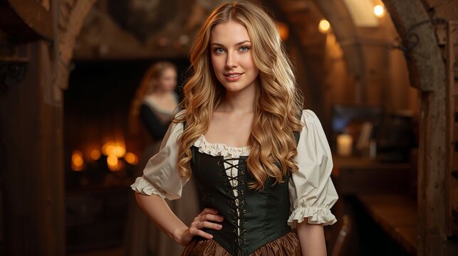 Portrait of a beautiful smiling young woman in a rustic medieval tavern dress