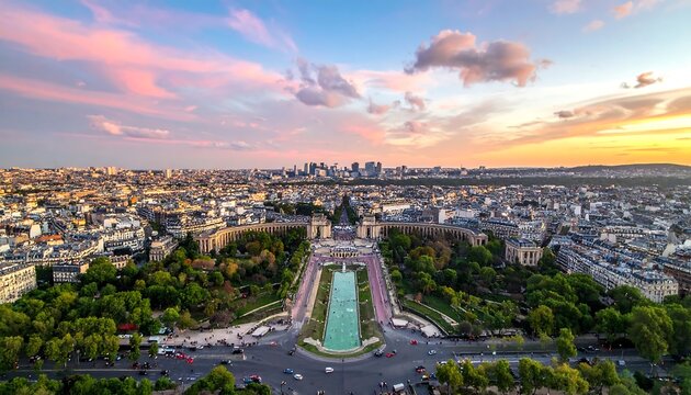 Bird's-eye view of a European metropolis at dusk. A grand boulevard and central park are flanked by diverse buildings under a pink and gold sky
