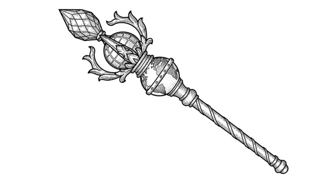 Detailed black and white engraving of a royal ornate scepter with decorative flourishes and a globe element.