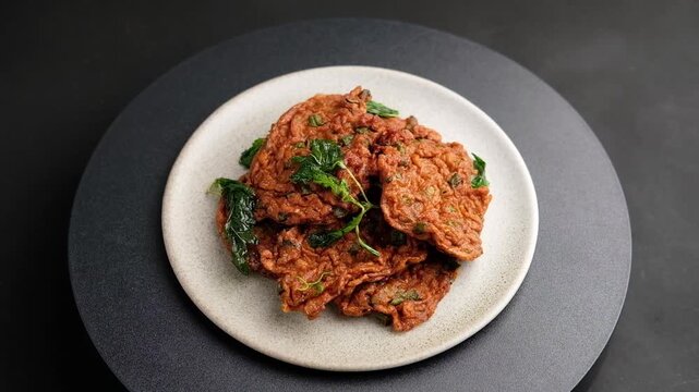 Deep fried fish patty or Thai Fish cake with crispy basil (Tod mun pla) in a plate.