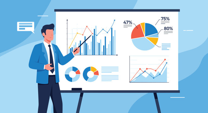 Corporate businessman presenting various financial data and growth charts on a white board during a meeting.