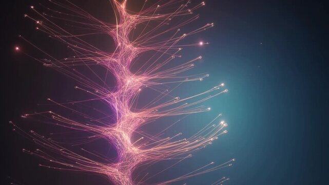 Abstract glowing neural network tree with branching connections, digital data visualization with pink and blue light nodes, artificial intelligence and technology growth concept