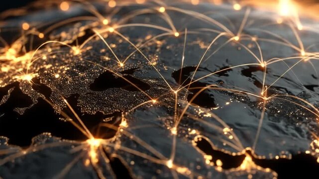 Vibrant global network connecting cities across Earth at night. Concept of digital communication, data flow, technology, and globalization.