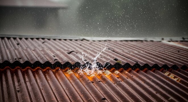 Stormy weather causes damage to a corrugated metal roof with water splashing