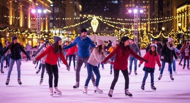 People Ice Skating Outdoors at Night with City Lights