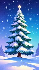 Obraz premium Snow Covered Christmas Tree with Star Ornament on Top in Blue Winter Night
