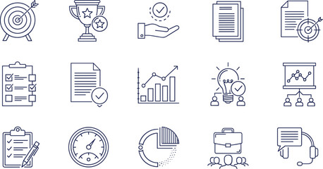 Fototapeta premium Business productivity performance icons, teamwork collaboration symbols, corporate success graphics, goal achievement target illustration, creativity light bulb design, management checklist documents