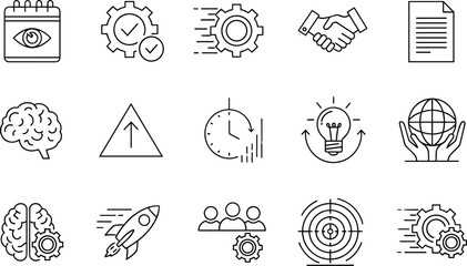 Business productivity innovation icons, teamwork collaboration symbols, leadership success graphics, creativity brain gear illustration, global cooperation outline, rocket target achievement design © MdZahidul