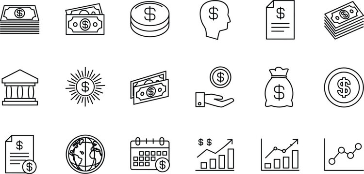Finance money economics icons, global banking symbols, investment growth graphics, currency dollar coin illustration, profit chart documents, savings bag calendar design