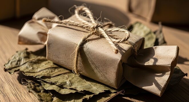 Thoughtfully prepared eco-friendly package, elegantly wrapped in kraft paper and twine, presented on aromatic dried leaves, ready for discovery