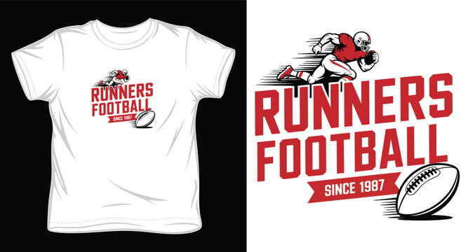 Runners football since 1987 vector graphic t-shirt design, player running with ball and typography on white background.