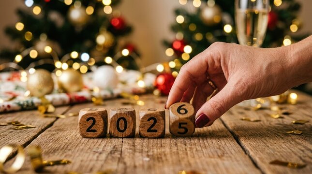 A hand is placing the wooden blocks 2025 and 2002 on a wooden table. The background features a blurred Christmas scene with lights, a champagne glass, and decorations.