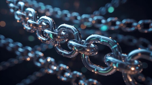 Close-up of metallic chain links with reflections, strong connection and security concept, industrial steel texture, depth of field with bokeh lights, strength and unity theme