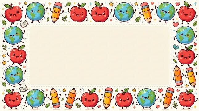 Border design with cute animated apples globes and pencils