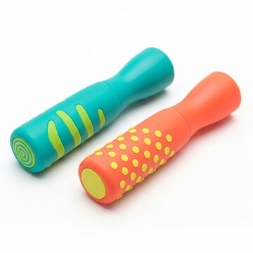Pair of Turquoise and Orange Children's Rattle on White Surface