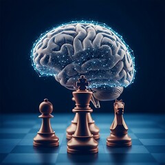 Fototapeta premium Brain, chess, strategy, thinking, glowing, blue, puzzle, game, intelligence, concept