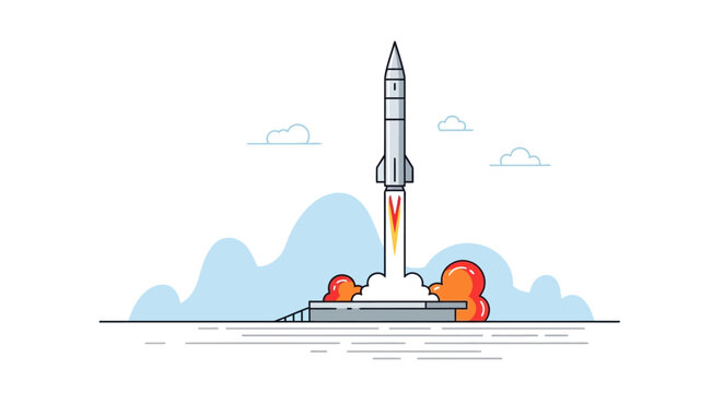 Flat design rocket launch with smoke and clouds in background