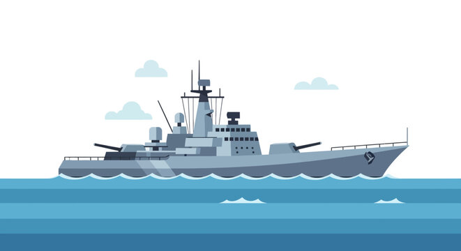 Vector illustration of a modern navy battleship on the ocean